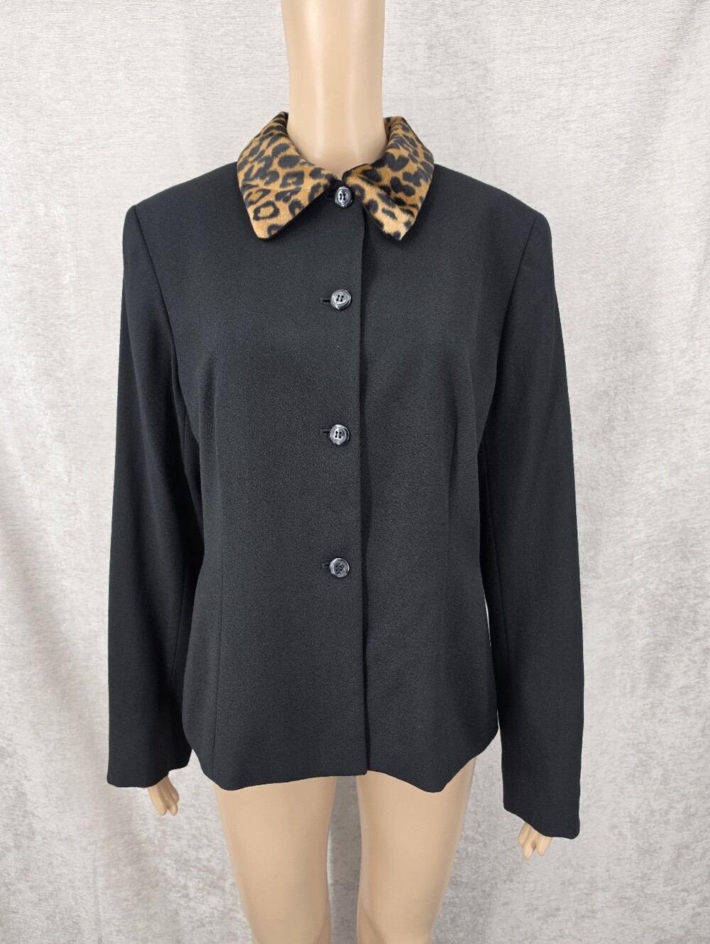 Vintage Wool Button Up Blazer Jacket with Leopard Print Collar